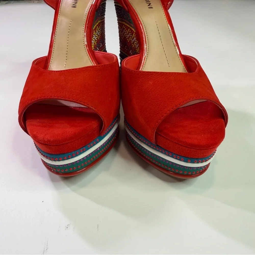 Gianni Bini Red Multicolor Embroidered Wedge Sandals